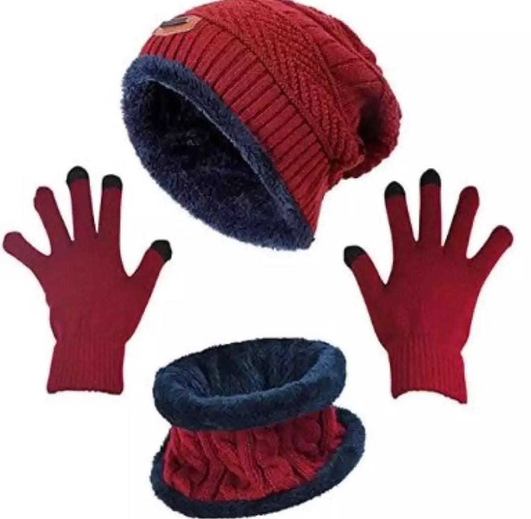 Winter Combo Cap With Neck Muffler And Woolen Gloves, Beanie Cap Neck Warmer Gloves Set For Men and Women, Fashion Dynasty